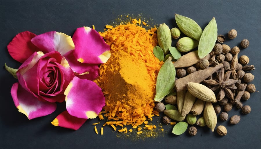 A colorful array of Persian herbs and spices such as saffron threads, cardamom pods, and rose petals