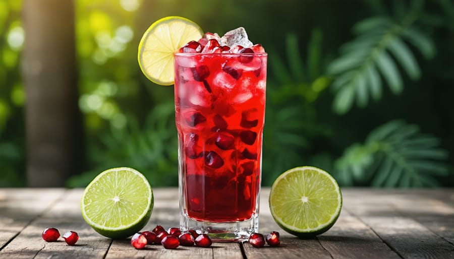 A pomegranate energy elixir in a glass with mint and lime garnishing